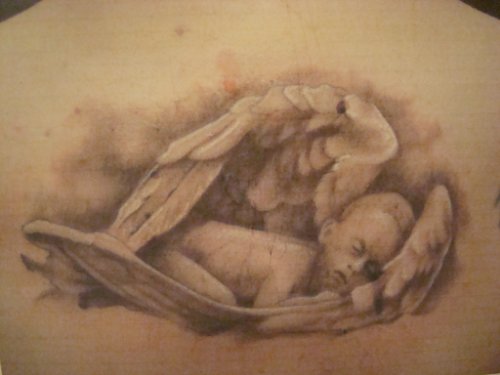 Awesome Grey Ink Baby Angel Tattoo On Back